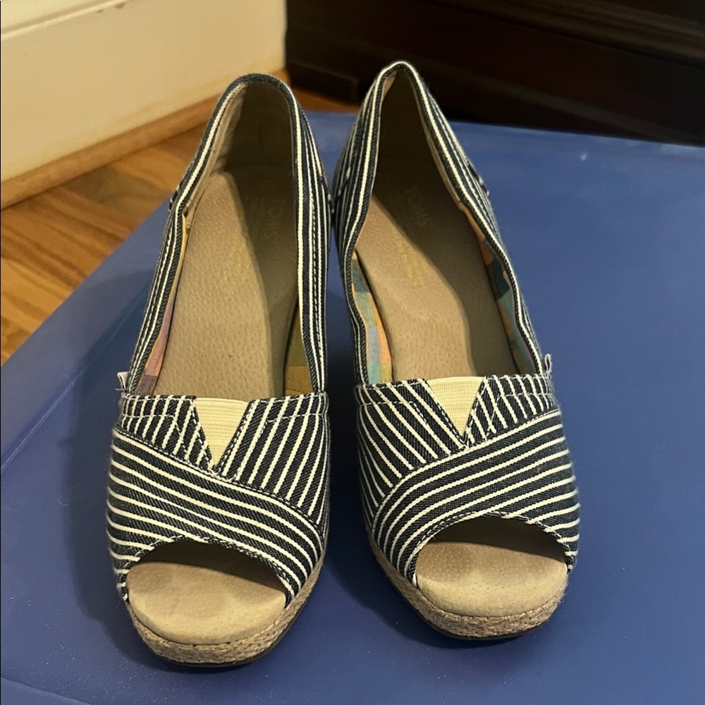 Toms Navy and White Striped Espadrille Wedges